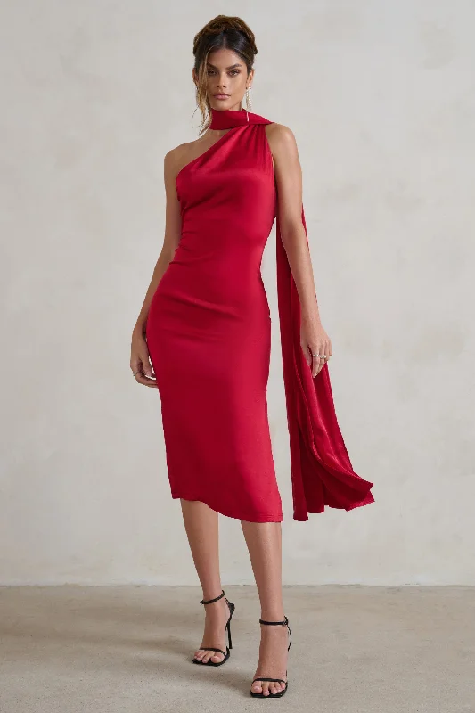 Women's Flared DressesMadame | Berry Red Satin Asymmetric Scarf Neck Backless Midi Dress