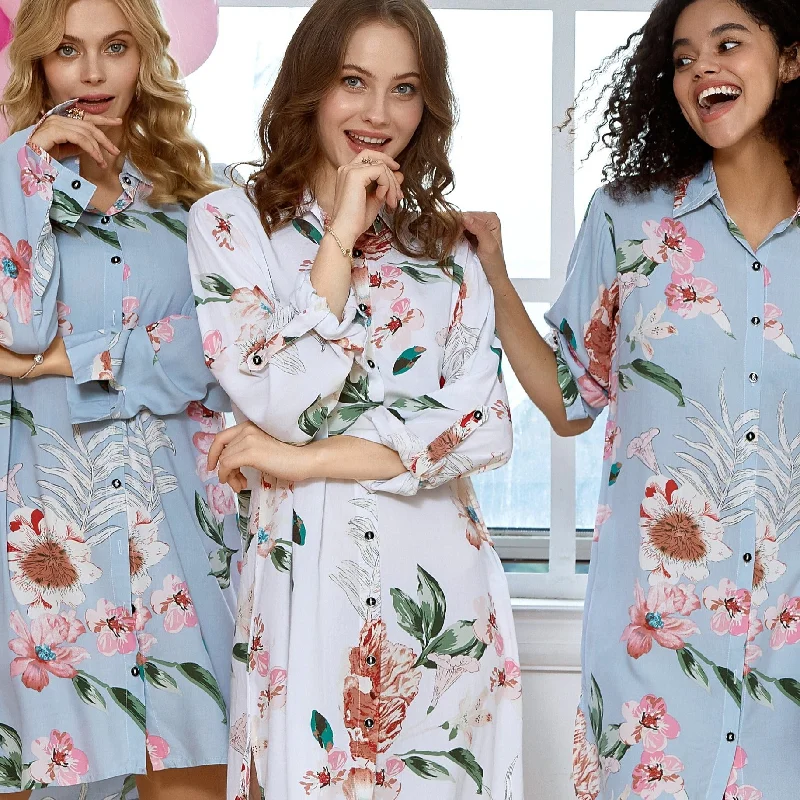 women's pajamas with snap buttonsWhite Floral Sleepshirt