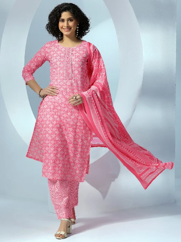 Women's Jumpsuits with Flared LegPink Printed Cotton Straight Suit With Dupatta