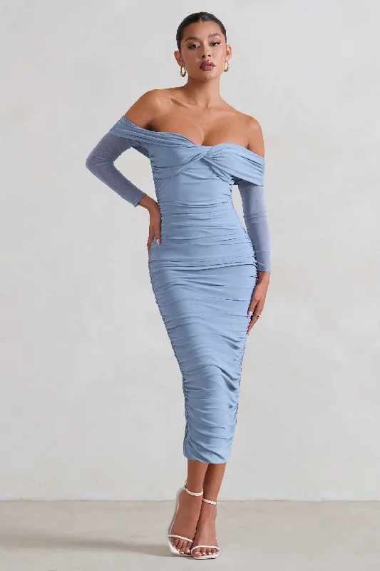 Women's U-Back DressesNeva | Ice Blue Bardot Twist Midi Dress