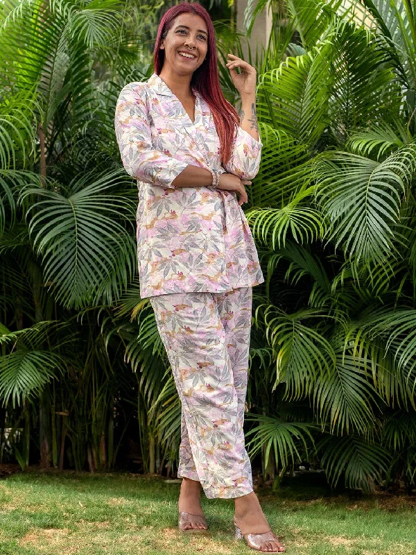 Women's Jumpsuits with Collarless DesignWhite Printed Silk Blend Co-Ords