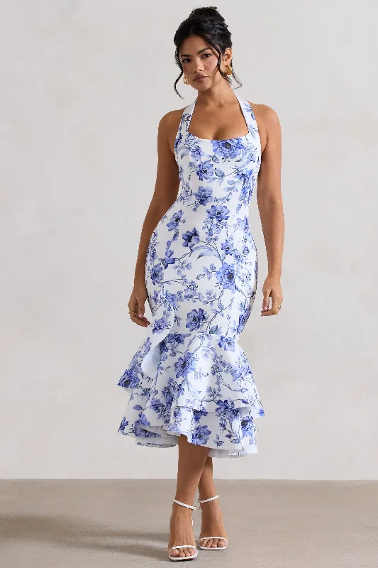 Women's Cap-Sleeve DressesArla | Blue Floral Print Halter-Neck Ruffle Trim Midi Dress