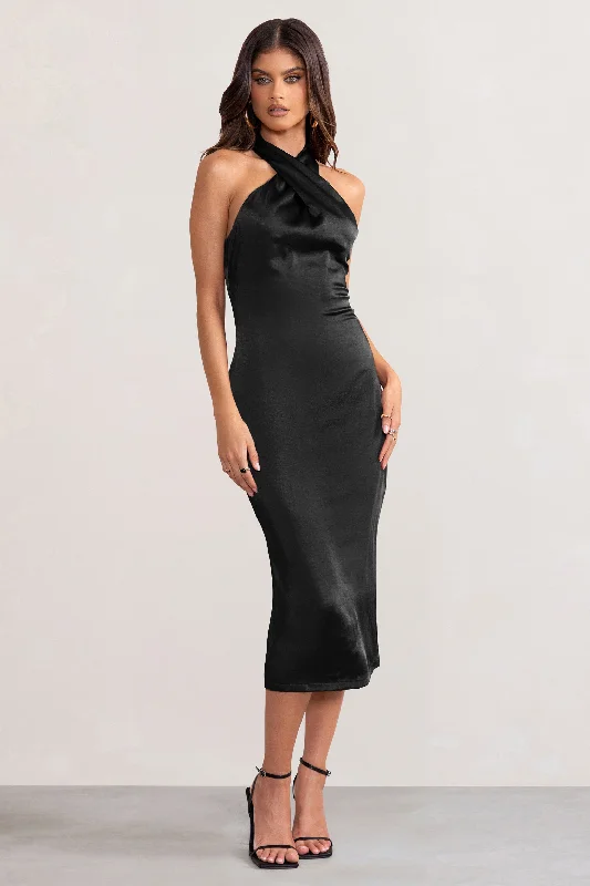 Women's Narrow-Neck DressesDazzling | Black Satin Cross Over Halter Neck Midi Dress