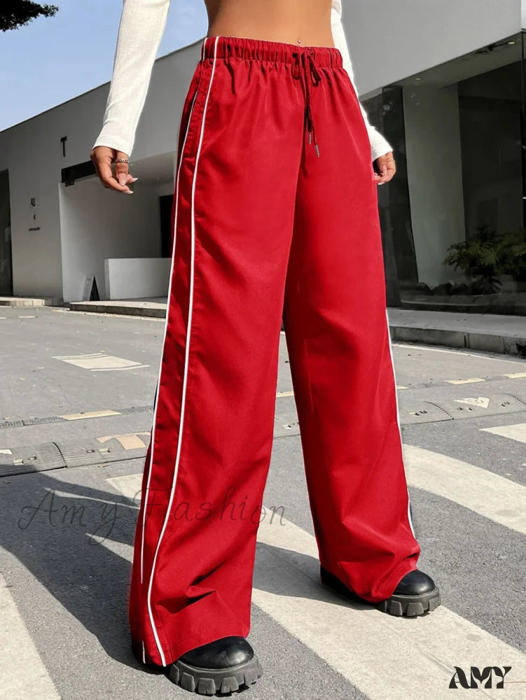 Women's Jodhpurs with U-Shaped NeckAmy Fashion - Piping Drawstring Waist Wide Leg Pants