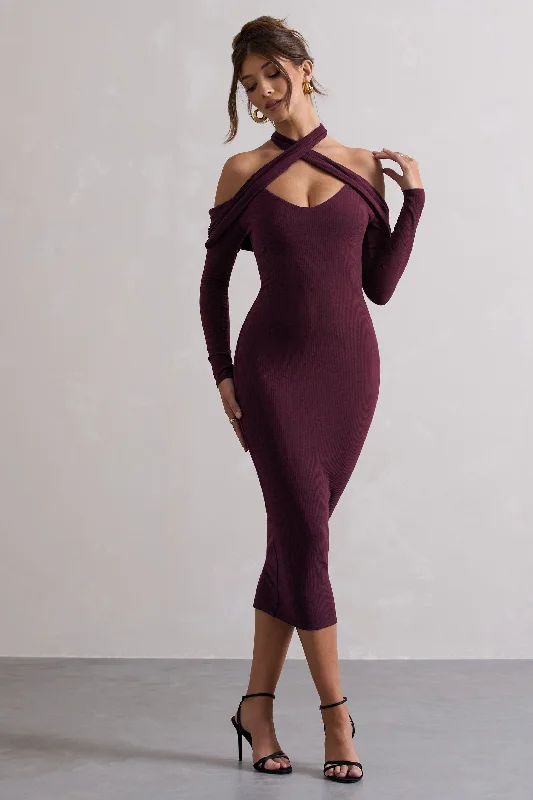 Women's Shawl Collar DressesDuet | Plum Rib Knit Halter-Neck Midi Dress With Cut-Out