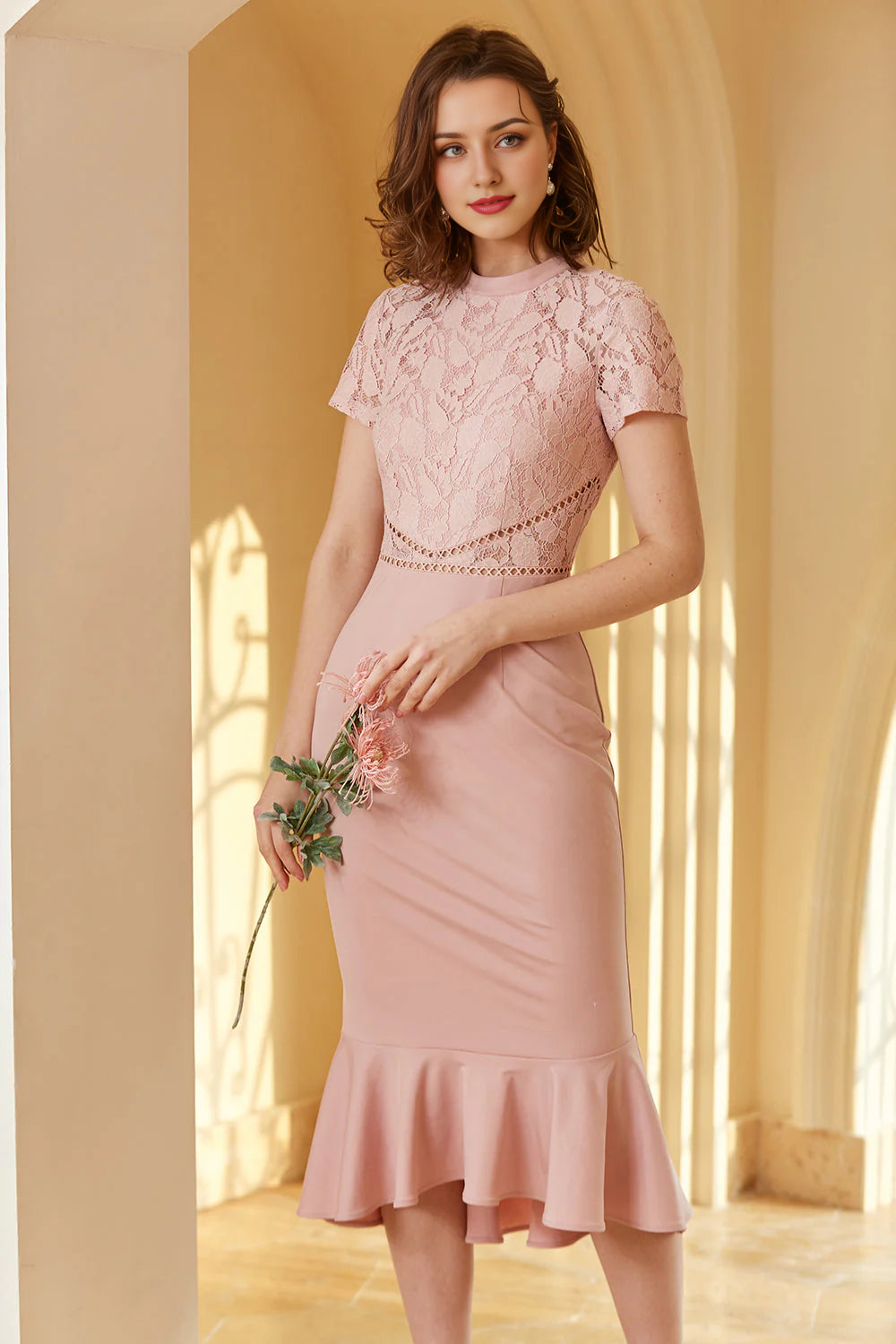 Women's Narrow-Neck DressesPink Lace Bodycon 1960s Dress Wedding Guest Dress