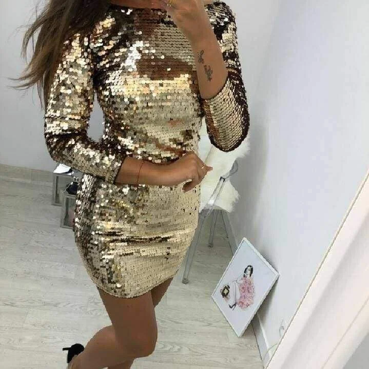 Women's Shawl Collar DressesFashionSierra - Ladies Formal Evening Party Sexy Sequin Club Short Dresses Sexy Vestidos Autumn Dresses Women Golden Sequins Bodycon Dress