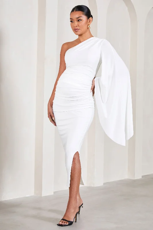 Women's Turtleneck DressesAdeline | White Ruched Asymmetric Split Maternity Midi Dress With Cape Sleeve