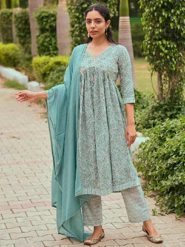 Women's Jumpsuits with Short LengthGreen Printed Cotton Anarkali Suit With Dupatta