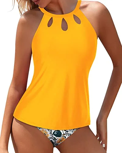 Halter Backless Tankini Modest Tummy Control Bottom-Yellow Floral