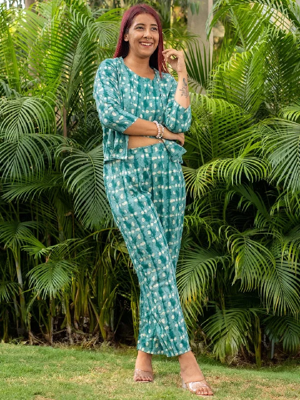 Women's Jumpsuits with U-Shaped CollarTeal Printed Rayon 3 Piece Co-Ords