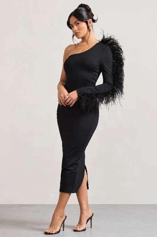 Women's Shawl Collar DressesWild One | Black One-Shoulder Bodycon Midi Dress With Feather-Trimmed Sleeve