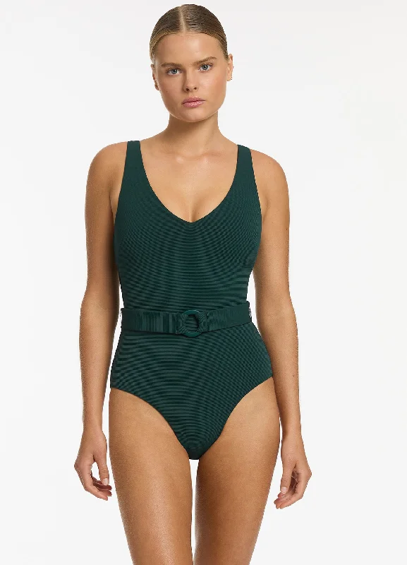 Isla Rib V-Neckline Belted One Piece - Forest