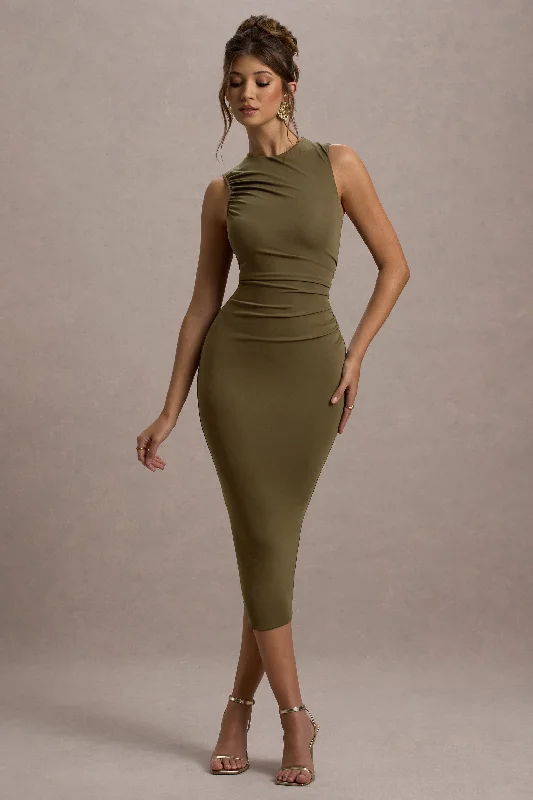 Women's Shirt Collar DressesJemma | Khaki Bodycon Ruched Midi Dress