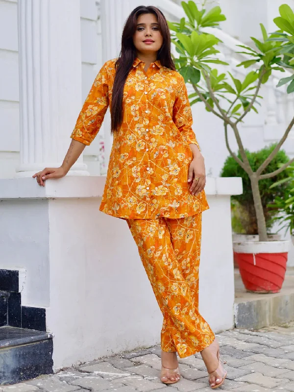 Women's Jumpsuits with Shirt CollarMustard Printed Silk Blend Co-Ords