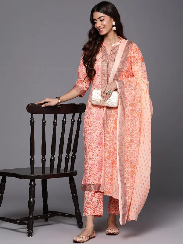 Women's Jumpsuits with Peter Pan CollarPeach Printed Cotton Straight Suit With Dupatta