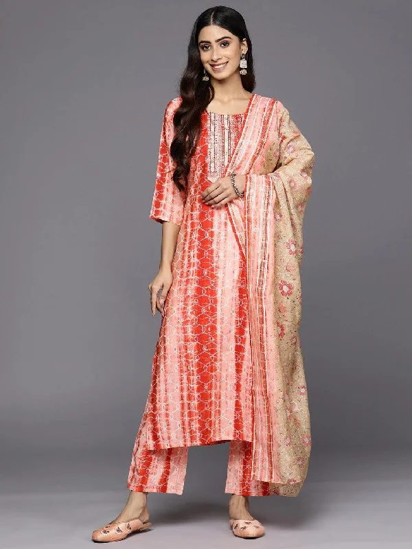 Women's Jumpsuits with Notched CollarRed Yoke Design Silk Blend Straight Kurta With Trousers & Dupatta