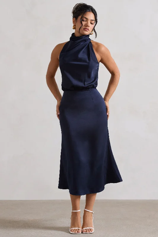 Women's Shawl Collar DressesGeena | Navy Satin Twisted High-Neck Midi Dress