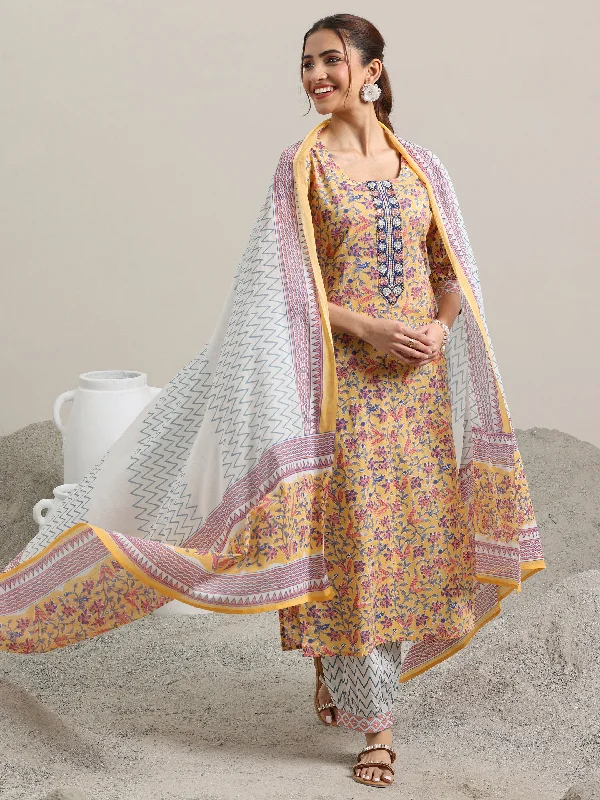 Women's Jumpsuits with DrawstringYellow Printed Cotton Straight Suit With Dupatta