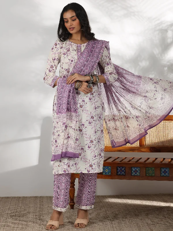 Women's Jumpsuits with High WaistOff White Printed Cotton Straight Suit With Dupatta