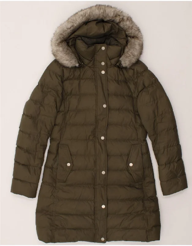 Women's Coats with Fur Trimmed BeltTOMMY HILFIGER Womens Hooded Padded Coat UK 10 Small Khaki Polyester