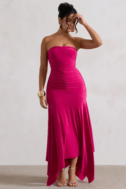 Women's Collarless DressesFlorianne | Hot Pink Ruched Bandeau Midi Dress