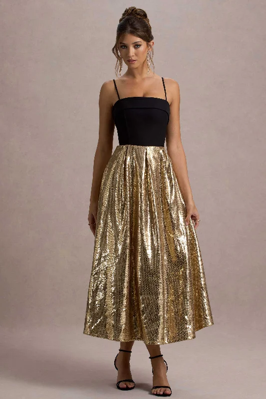 Women's Sweetheart-Neck DressesNicci | Black & Gold Strappy Midi Dress With Sequin Skirt