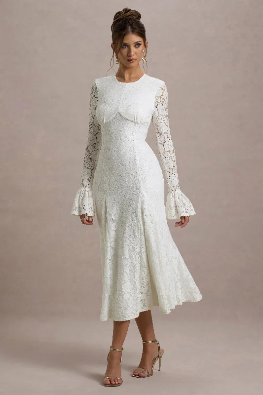 Women's Off-the-Shoulder DressesFor Life | Cream Lace Long-Sleeve Midi Dress