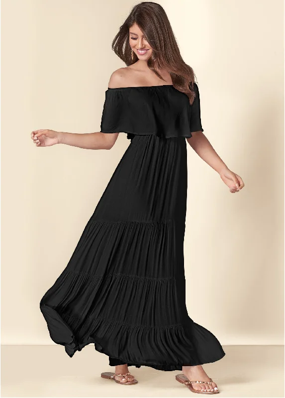 Women's U-Shaped Collar DressesTiered Maxi Dress - Black