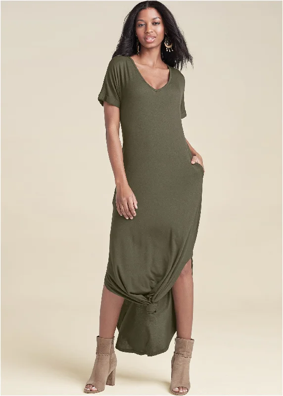 Women's Midi DressesCasual T-Shirt Maxi Dress - Olive