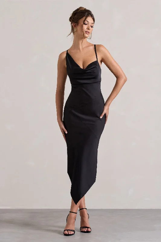 Women's Sweetheart-Neck DressesFillie | Black Satin Asymmetric Cowl-Neck Midi Dress