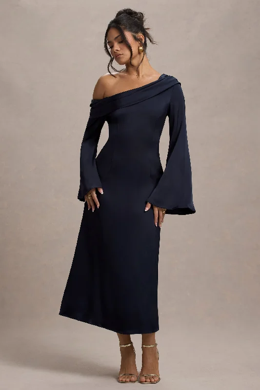 Women's Rounded Collar DressesAstral | Navy Satin Asymmetric Flared-Sleeve Midi Dress