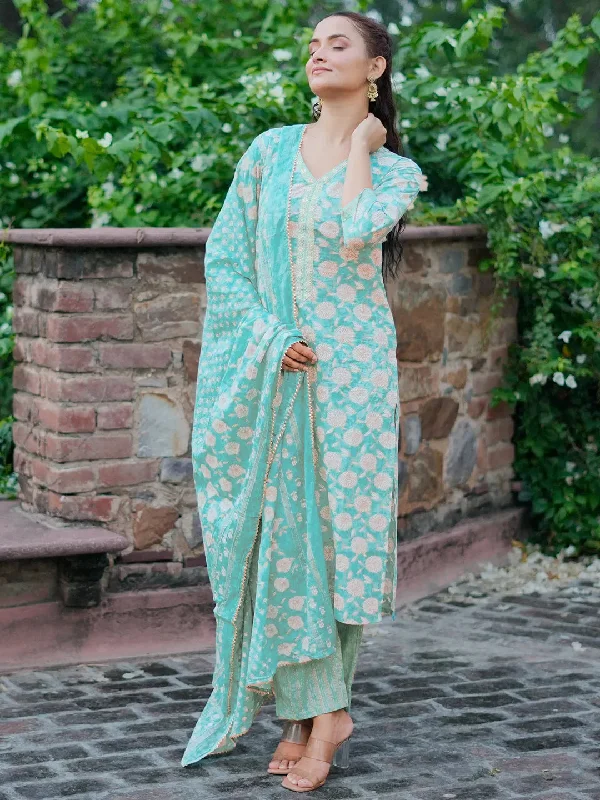 Women's Jumpsuits with Flared LegTurquoise Printed Cotton Straight Suit With Dupatta