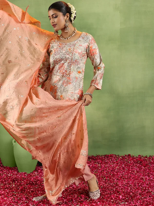 Women's Jumpsuits with Lapel CollarPeach Printed Silk Blend Straight Suit With Dupatta