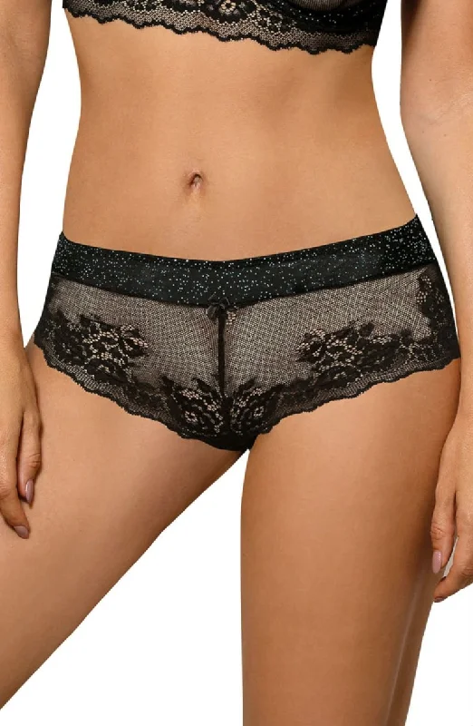 stretchable satin hipster panties with a lace trim and sheer overlay for a luxurious and seductive appealRoza Kena Brief