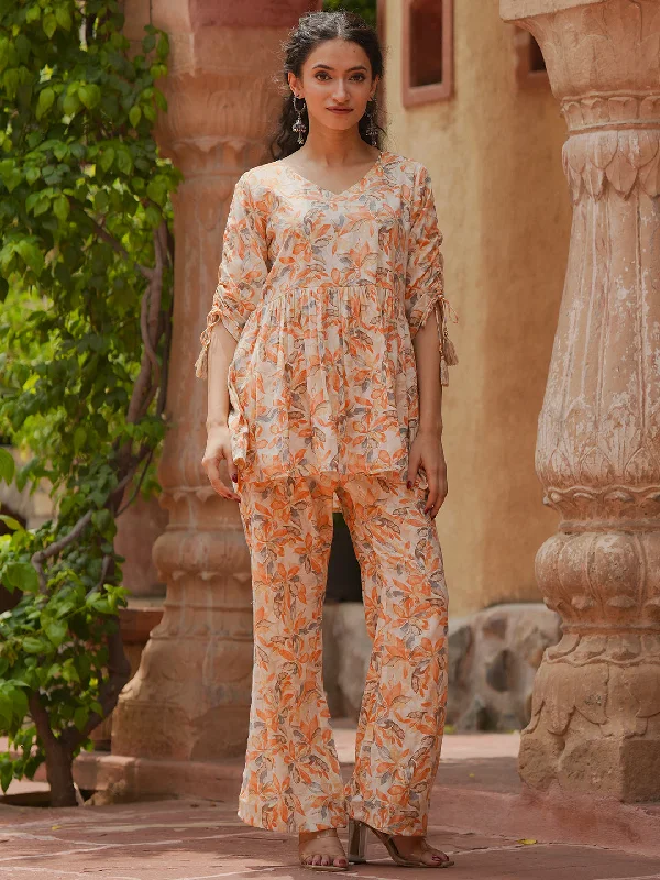 Women's Jumpsuits with Peter Pan CollarOrange Printed Cotton Blend Co-Ords