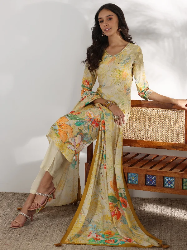 Women's Jumpsuits with Wide CollarBeige Printed Silk Blend Straight Suit With Dupatta