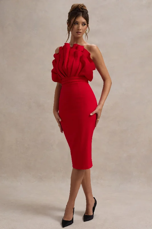 Women's V-Neck DressesOria | Red Ruffled Strapless Midi Dress