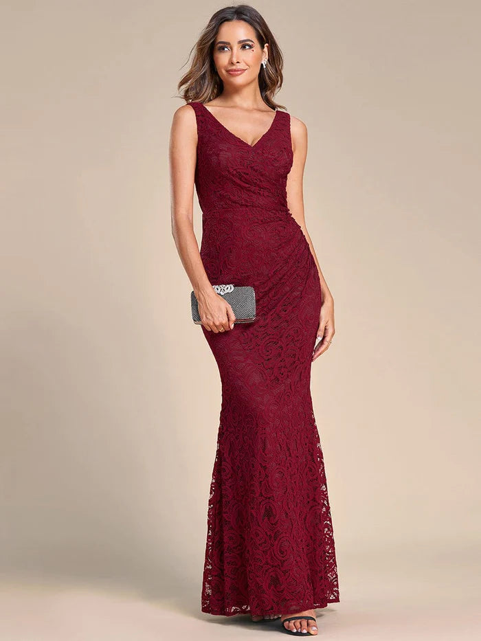 Women's Shirt Collar DressesPleated Lace Bodycon Sleeveless Floor-Length Evening Dress