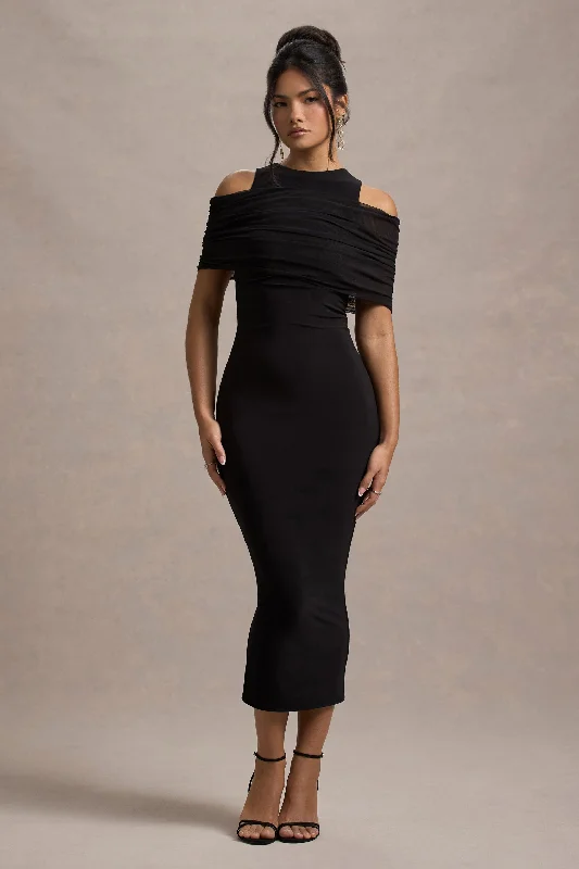 Women's Shawl Collar DressesLupine | Black Mesh Bardot Bodycon Midi Dress