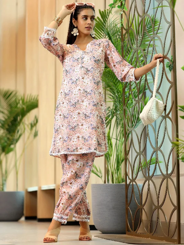 Women's Jumpsuits with Lapel CollarPeach Printed Cotton Straight Kurta Set