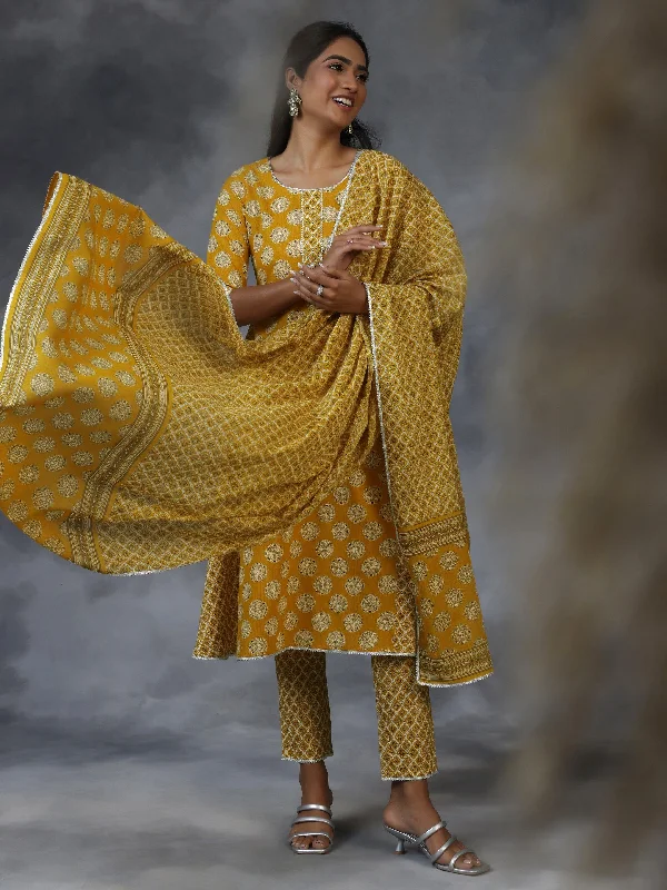 Women's Jumpsuits with High WaistMustard Printed Cotton A-Line Kurta With Trousers & Dupatta