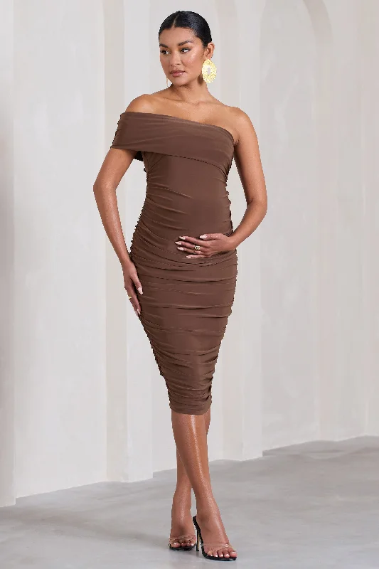 Women's Off-the-Shoulder DressesRemember Me | Chocolate Maternity One Shoulder Midi Dress