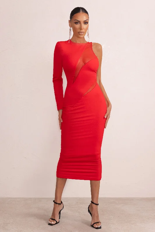 Women's Mandarin-Neck DressesMarya | Red High Neck Asymmetric Mesh Detail Bodycon Midi Dress