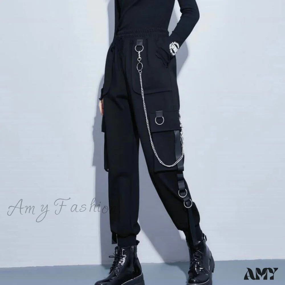 Women's Jodhpurs with Straight HemAmy Fashion - Punk Black Female Joggers Cargo Pants