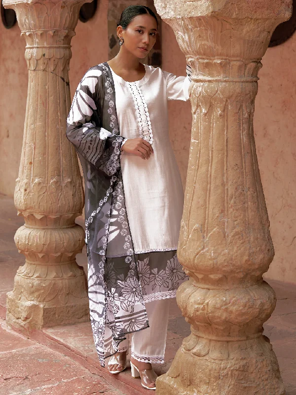 Women's Jumpsuits with Collarless NeckWhite Solid Silk Blend Straight Suit With Dupatta