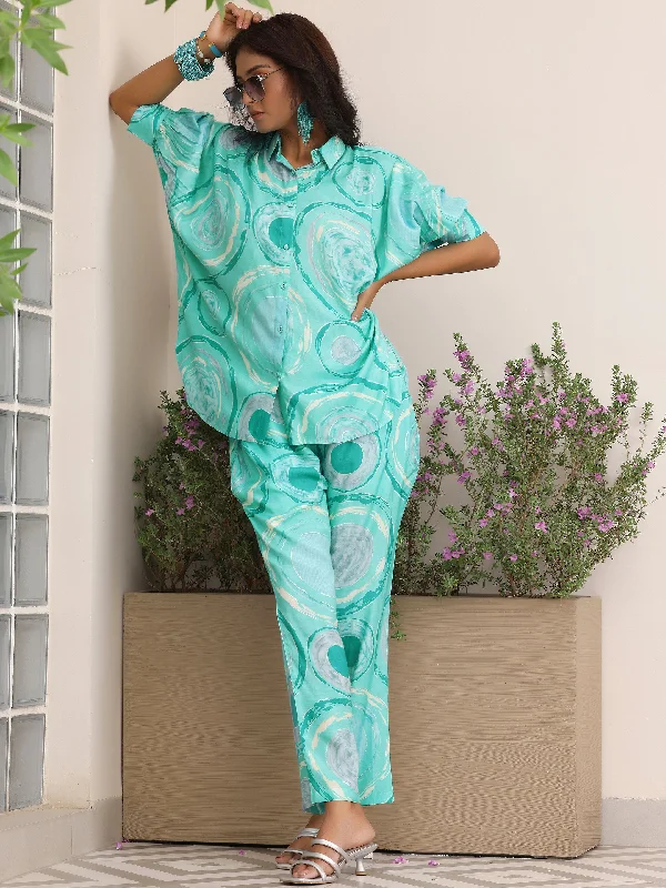 Women's Jumpsuits with DrawstringBlue Printed Silk Blend Co-Ords