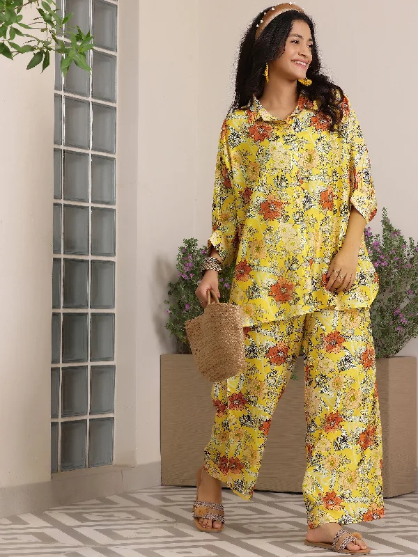 Women's Jumpsuits with Lapel CollarYellow Printed Silk Blend Co-Ords