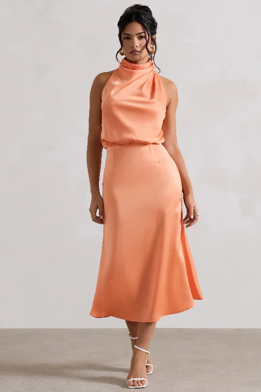 Women's Rounded Collar DressesGeena | Peach Satin Twisted High-Neck Midi Dress