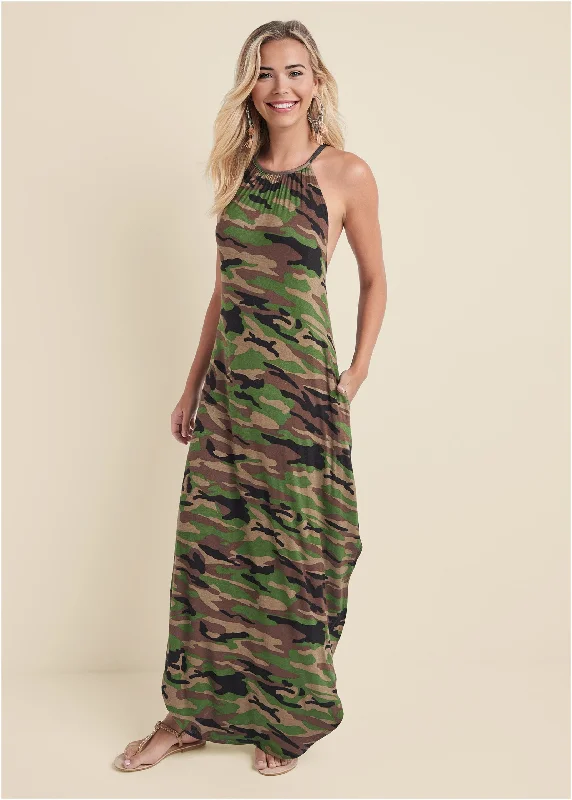 Women's Low Collar DressesTie Neck Maxi Dress - Olive Multi